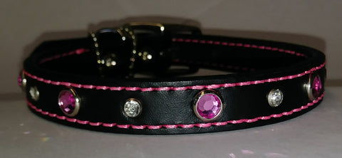14" Black Leather Dog Collar with Pink and White Jewels
