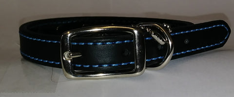 14" Black Leather Dog Collar with Turquoise Beads and Stitching