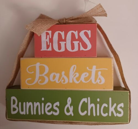 Eggs, Baskets, Bunnies & Chicks Easter Wooden Sign