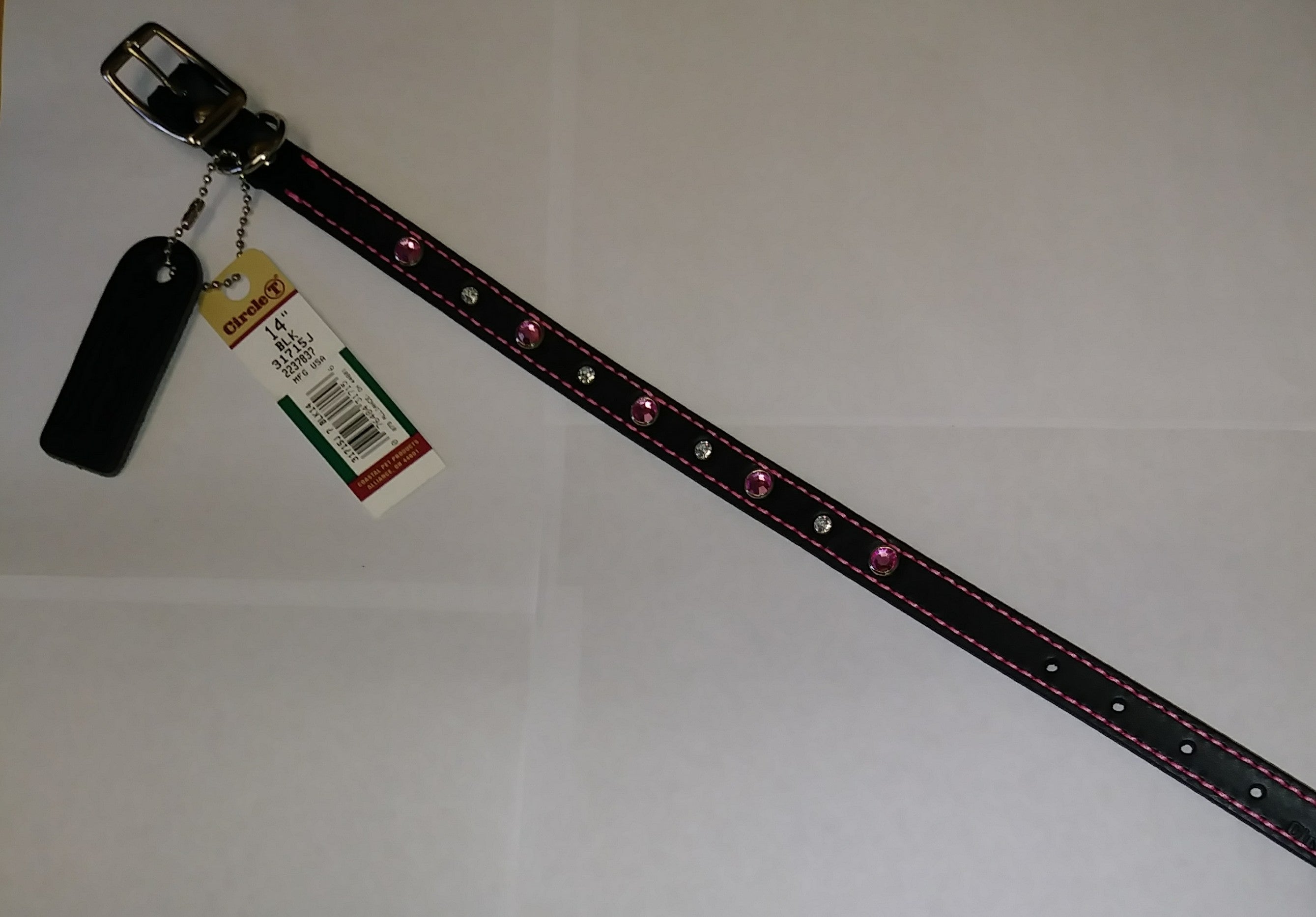 14" Black Leather Dog Collar with Pink and White Jewels