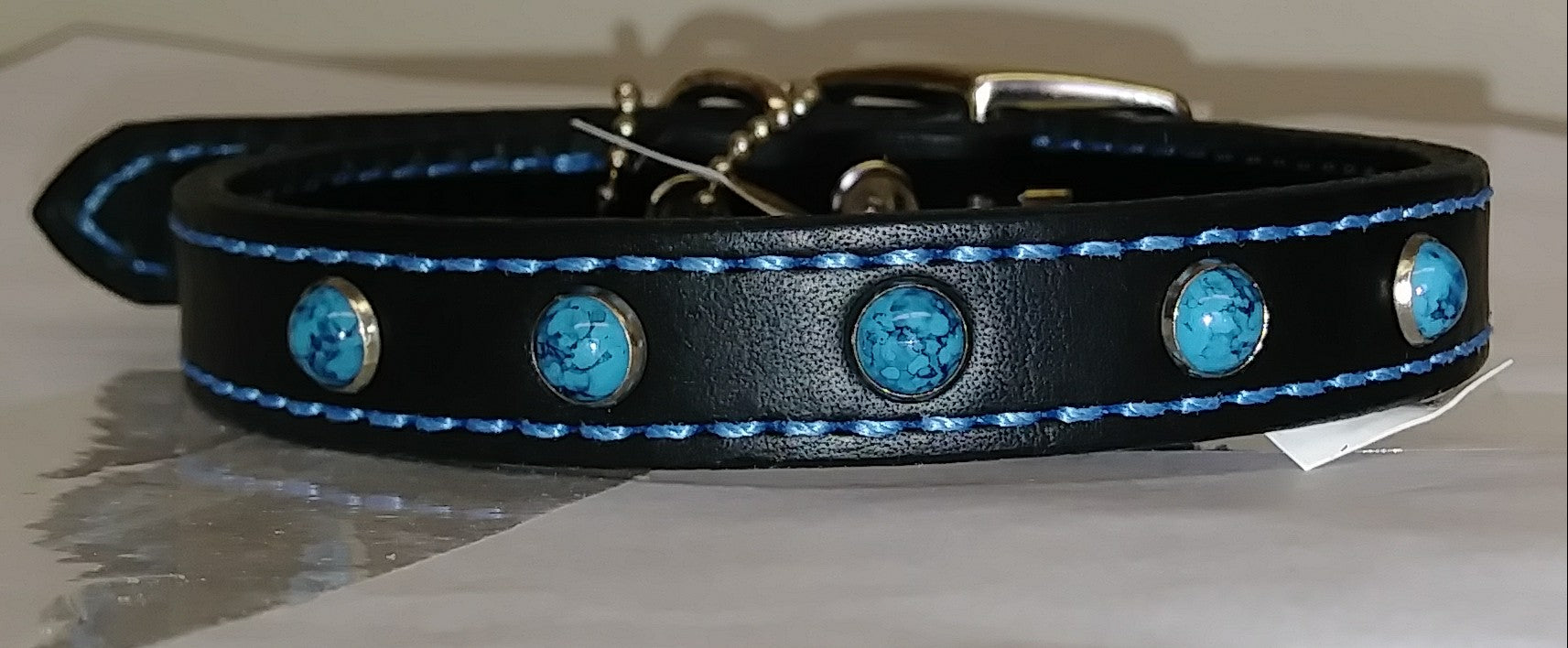 14" Black Leather Dog Collar with Turquoise Beads and Stitching